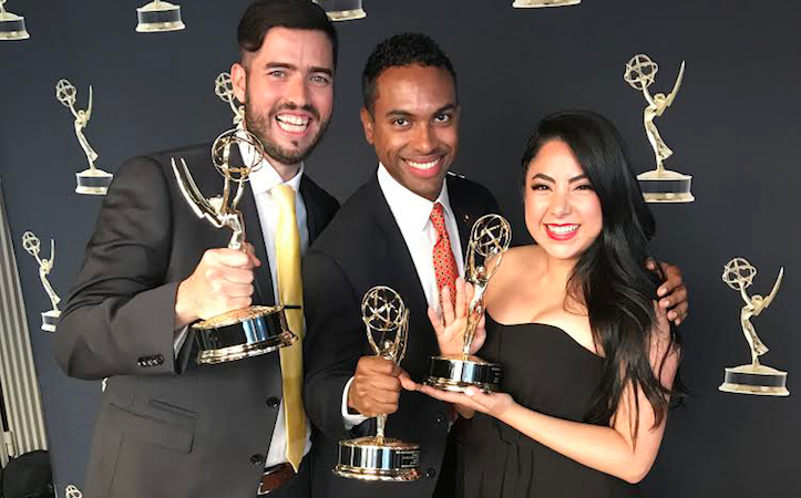 Oscar Guerra, Antonio A. Ayala and Norma Alejandra Lopez holding their Emmy statuettes