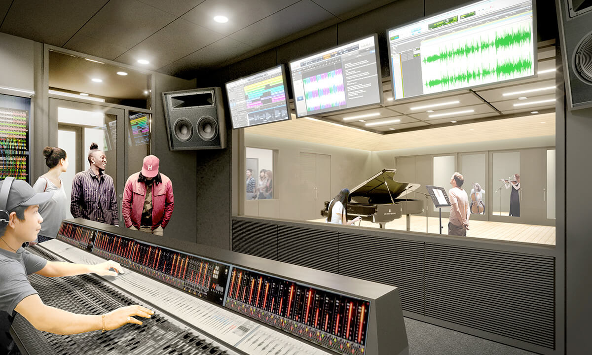 Audio recording control room and studio
