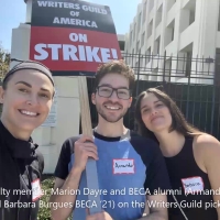 BECA faculty member Marion Dayre and BECA alumni (Armando Jimenez ‘22 and Barbara Burgues BECA ‘21) on the Writers Guild picket line.
