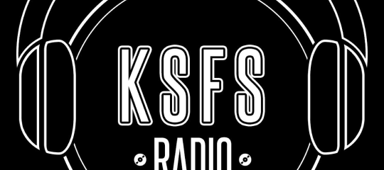 black and white KSFS Radio logo of headphones on a circle